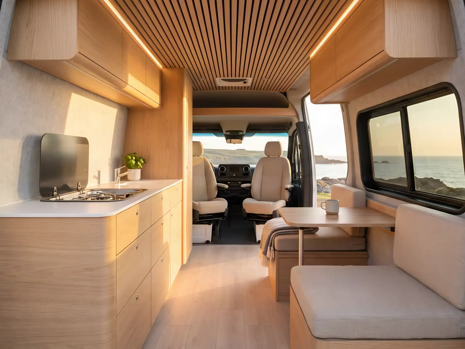 Intérieur de fourgon aménagé : lit, meubles en bois clair et cuisine
